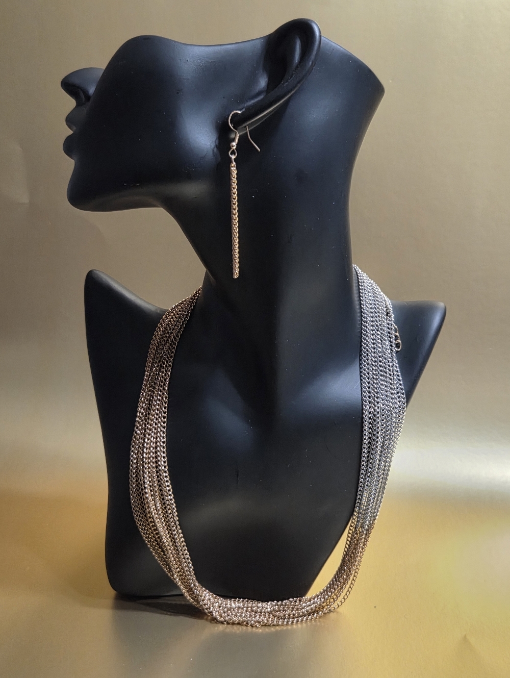 Multi-Strand Two-Tone Chain Necklace and Drop Earring Set - Gold & Silver